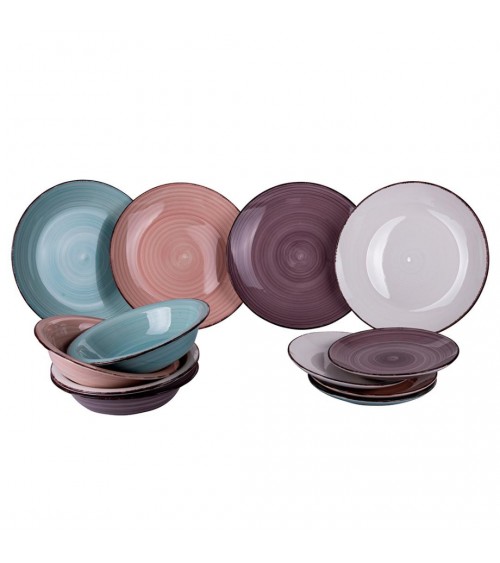 Modernes farbiges Tellerservice 12-tlg. aus Steinzeug, 4 verschiedene Tischgedecke, Baita Acquerello – Mehrfarbig - 