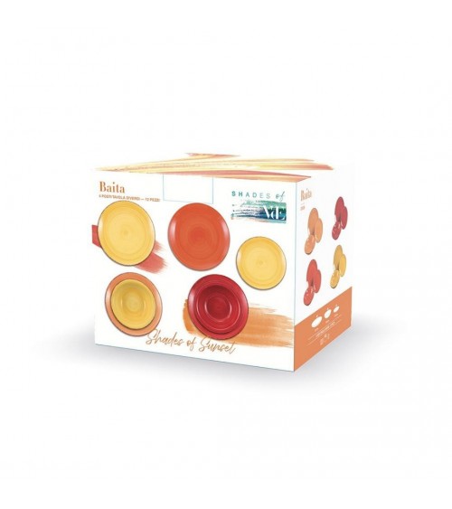 Service d'assiettes colorées modernes 12 pièces en grès, 4 couverts différents, Baita Sunset - Multicolore - 