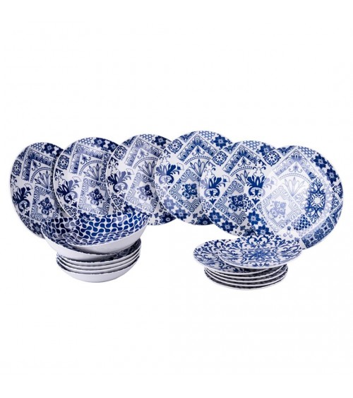 Modernes farbiges Tellerservice 18-teilig aus Porzellan, 3 verschiedene Tischgedecke, Blaue Grotte – Weiß und Blau - 