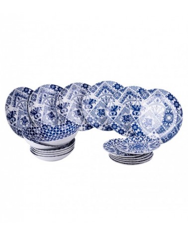 Modernes farbiges Tellerservice 18-teilig aus Porzellan, 3 verschiedene Tischgedecke, Blaue Grotte – Weiß und Blau - 