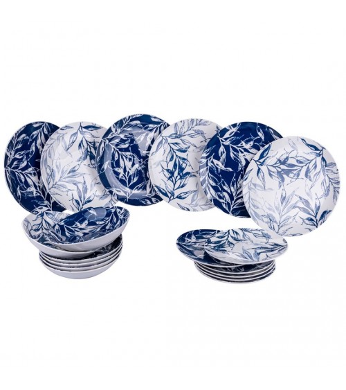 Service d'assiettes colorées modernes 18 pièces en porcelaine, 6 couverts en 2 couleurs différentes, Bleu Feuille - Blanc et - 