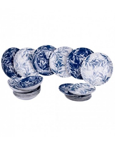 Service d'assiettes colorées modernes 18 pièces en porcelaine, 6 couverts en 2 couleurs différentes, Bleu Feuille - Blanc et - 