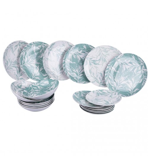 Modern Colored Plate Service 18 pcs in porcelain, 6 place settings in 2 different colours, Emerald Leaf - Multicolor -  - 