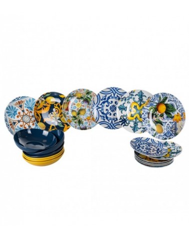 Modernes farbiges Tellerservice 18-tlg. aus Porzellan und Steingut, italienischer Stil - Mehrfarbig -