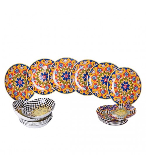 Service d'assiettes colorées modernes 18 pièces en porcelaine, style sicilien - Multicolore - 