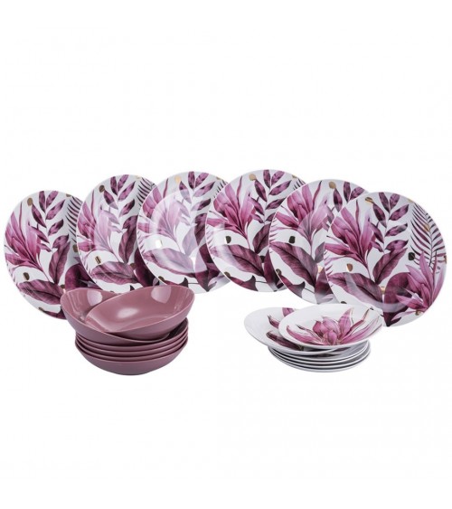 Modernes farbiges Tellerservice 18-tlg. aus Porzellan und Steinzeug, Blatt Bordeaux - Rosa und Weiß -