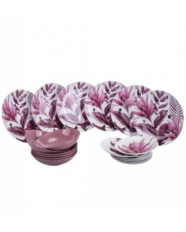 Modernes farbiges Tellerservice 18-tlg. aus Porzellan und Steinzeug, Blatt Bordeaux - Rosa und Weiß -