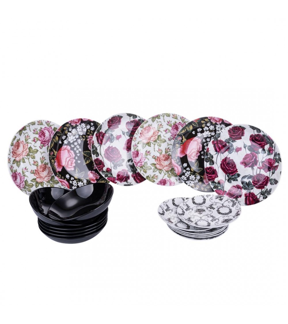Service de plats colorés modernes 18 PC en porcelaine et grès, fleurs gothiques - multicolore - 