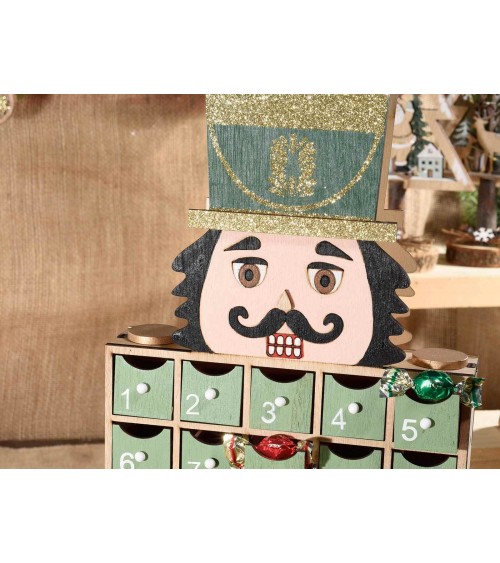 Sage Green Wood "Nutcracker" Advent Calendar with Hat and Glitter -  - 