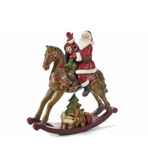 Père Noël sur cheval à bascule avec enfant et cadeaux - 