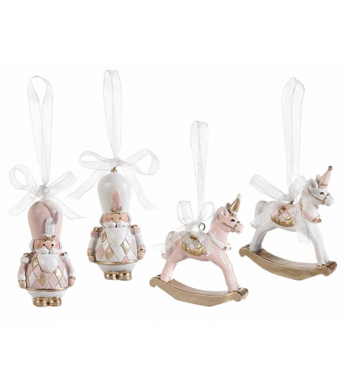 Set of 8 Nutcrackers and Horses in White and Pink Resin to hang -  - 