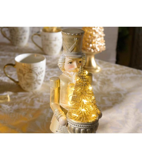 Nussknacker aus Harz mit goldenen Details und Baum mit LED-Lichtern - 2 Stück - 