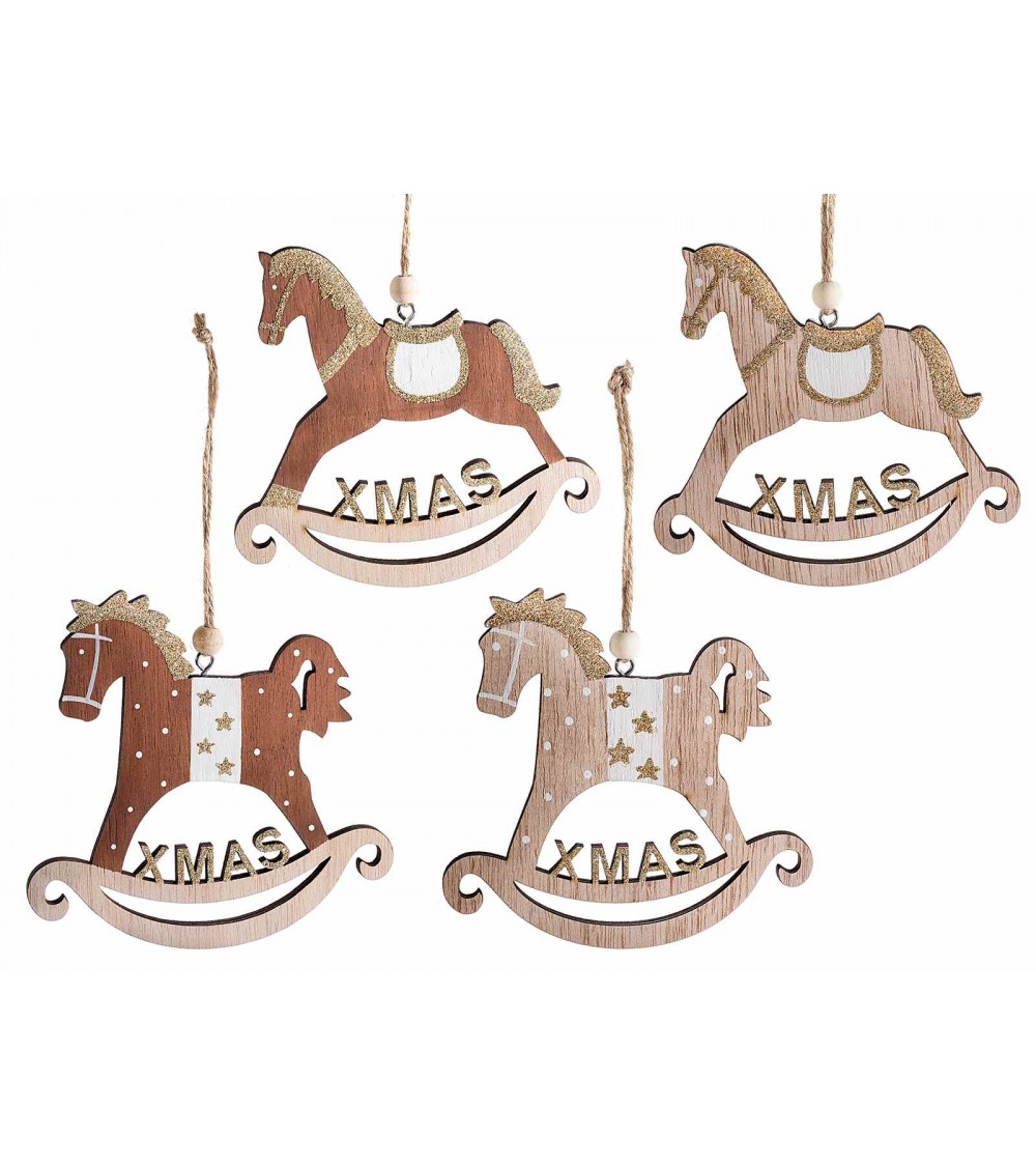 Chevaux en bois avec paillettes et écriture "Noël" à suspendre - 12 pièces - 