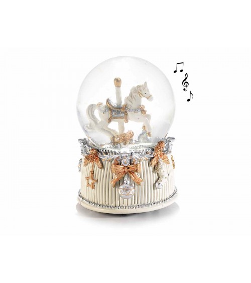 Snowball with Horse Music Box on White Resin Base
