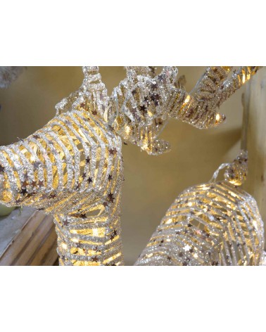 Rentier in goldenem Rattan mit Glitzer und warmweißen LED-Lichtern - 