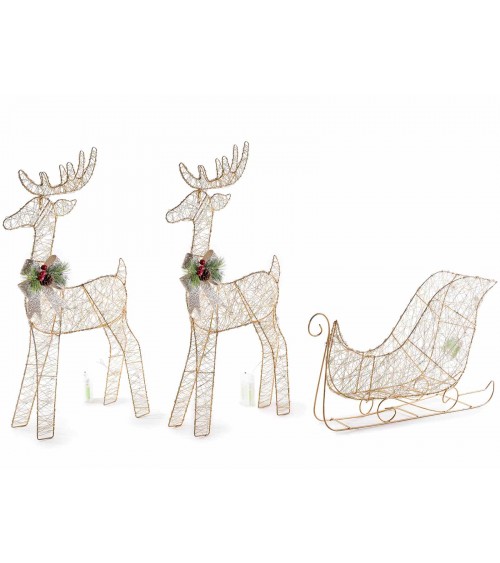 Set 2 Reindeer with Golden Metal Sled with Warm White Led Lights
