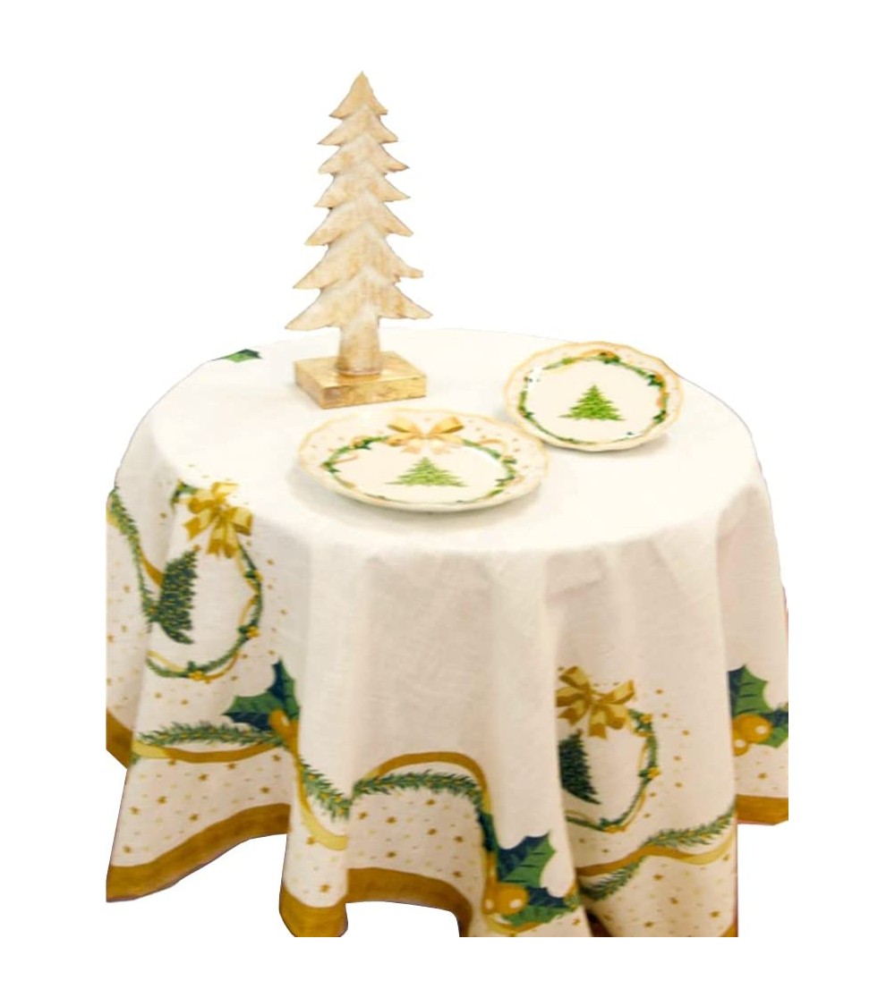 Nappe de Noël en coton et lin "Gold Christmas" 140 x 140 cm - Famille Royale -