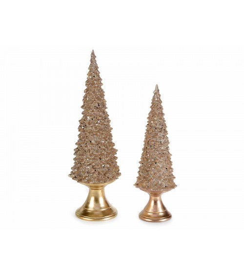 Set of 2 Christmas Trees in Golden Resin with LED Lights and Glitter