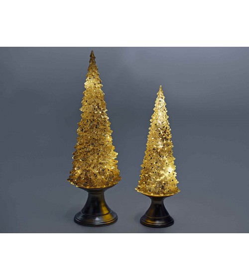 Set mit 2 Weihnachtsbäumen aus goldenem Harz mit LED-Lichtern und Glitzer - 