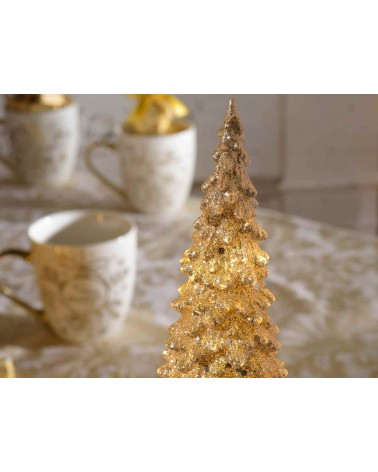 Set mit 2 Weihnachtsbäumen aus goldenem Harz mit LED-Lichtern und Glitzer - 