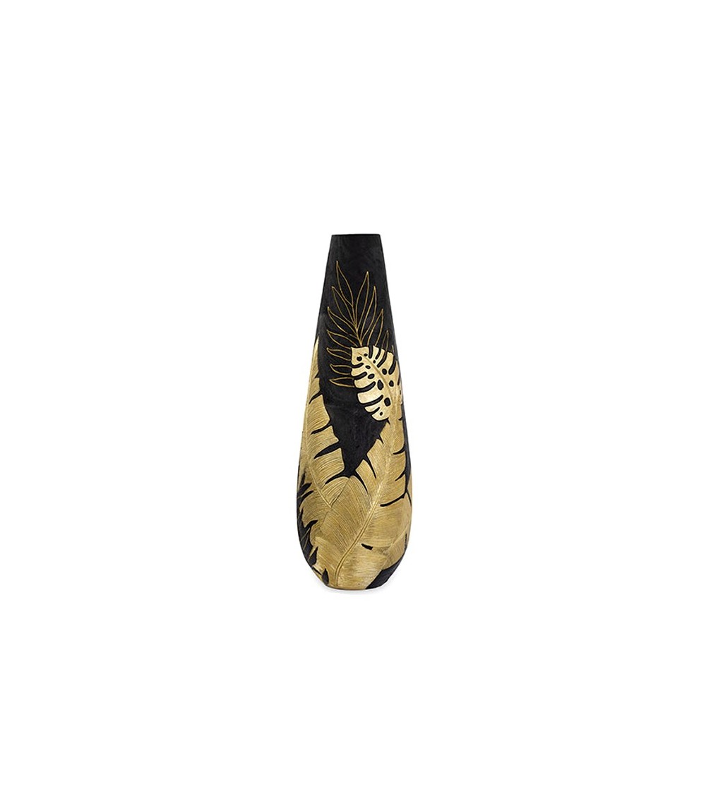Vase en polyrésine noire avec feuilles d'or - 