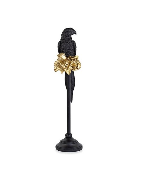 Papagei aus schwarzem Harz mit goldenen Details auf schwarzem Sockel