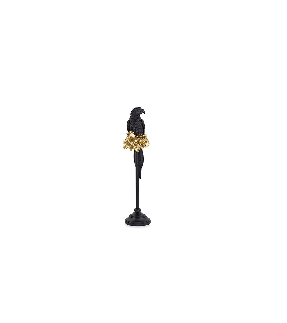 Perroquet en résine noire avec détails dorés sur socle noir - 