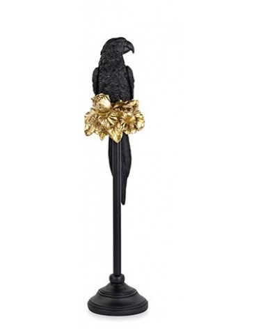 Perroquet en résine noire avec détails dorés sur socle noir - 