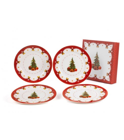 Set of 4 "Christmas" Porcelain Dinner Plates with Gift Box