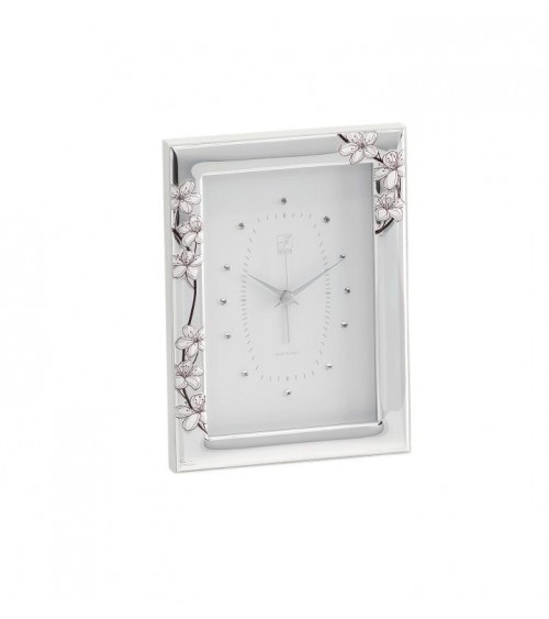 Alarm Clock in Silver with Peach Blossoms and Rhinestones - Fantin Argenti
