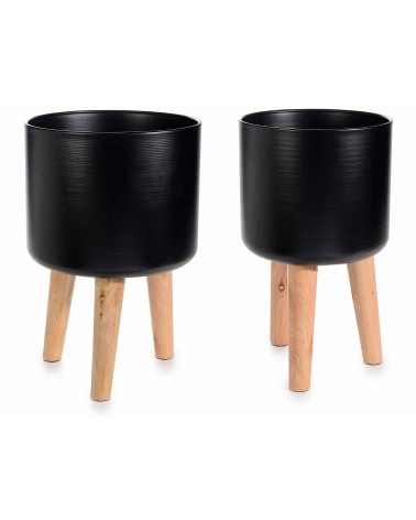 Set of 2 Metal Vases with Wooden Tripod -  - 