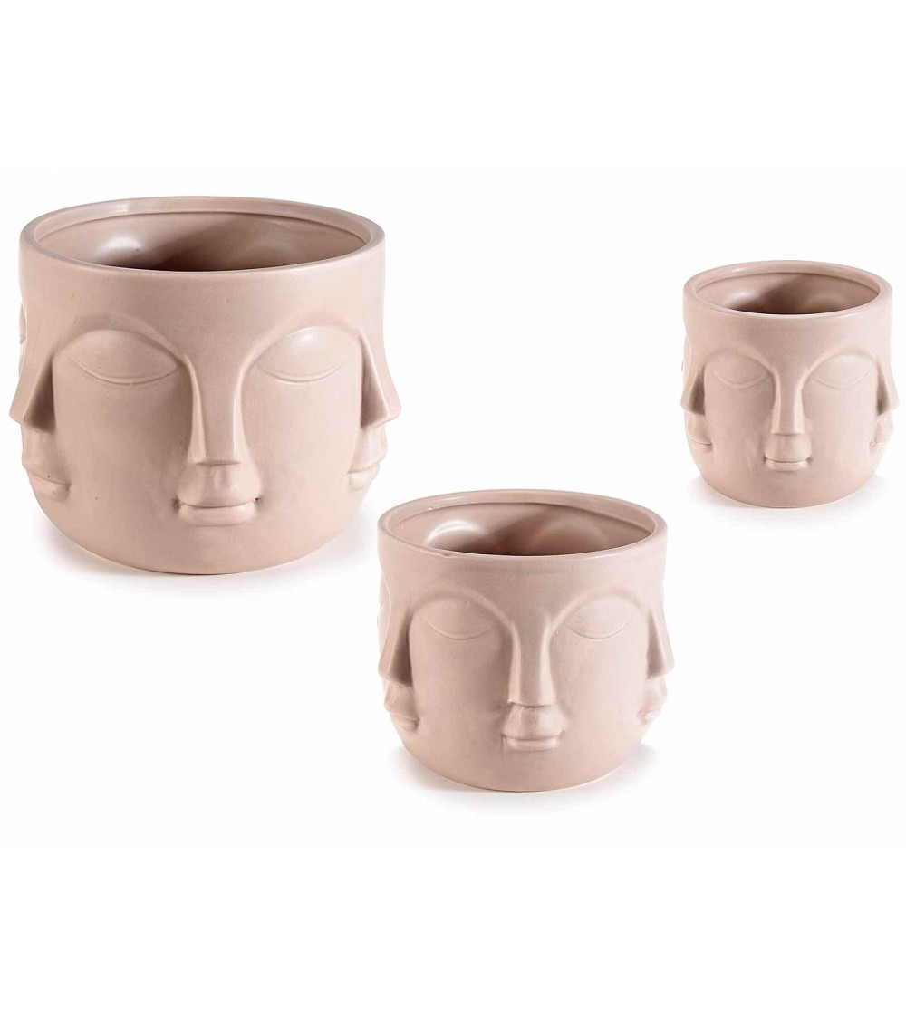 Set 3 Vasi in Ceramica Naturale con Decoro Volto - 