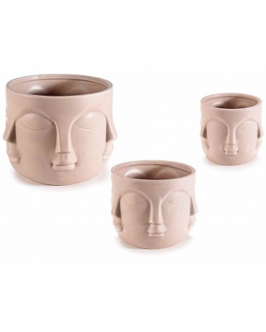 Set 3 Vasi in Ceramica Naturale con Decoro Volto - 