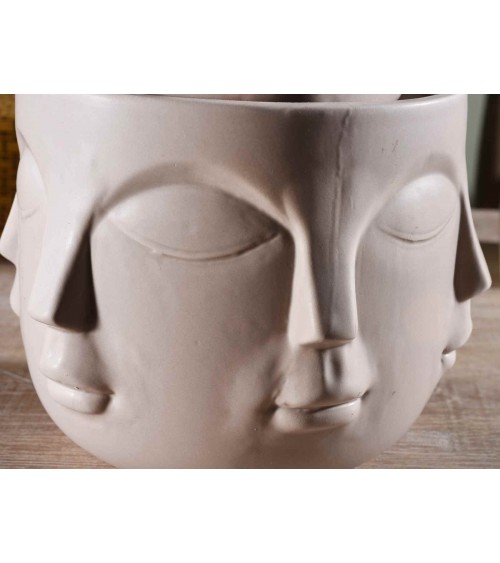 Set of 3 Natural Ceramic Vases with Face Decoration -  - 