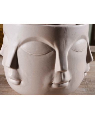 Set of 3 Natural Ceramic Vases with Face Decoration -  - 