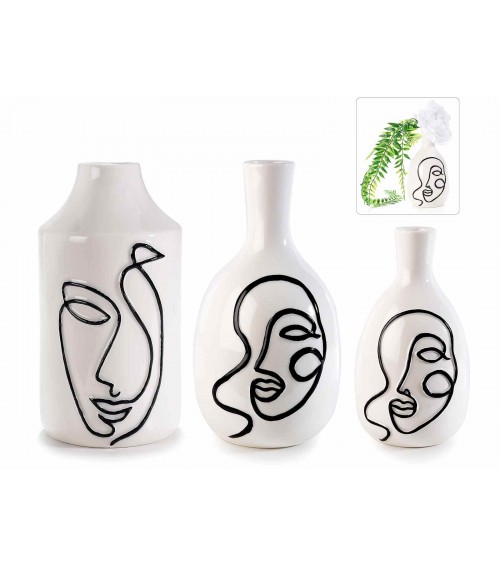 Set aus 3 Porzellanvasen mit stilisiertem Frauengesicht - 