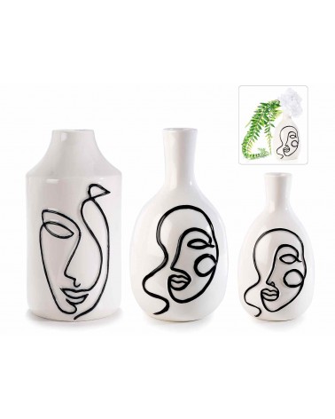 Ensemble de 3 vases en porcelaine avec visage de femme stylisé - 