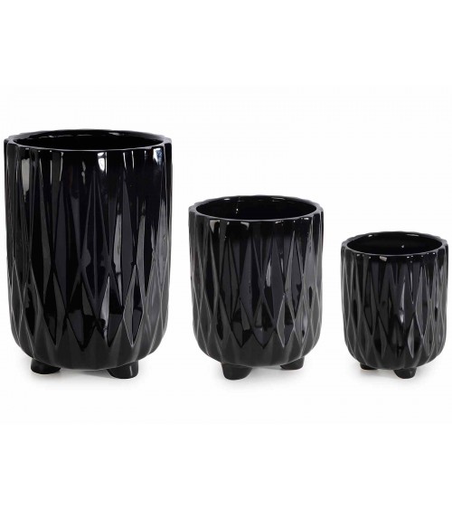 Set of 3 Vases in Polished Black Worked Ceramic -  - 