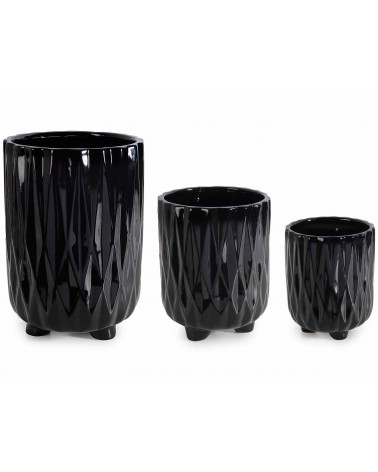 Ensemble de 3 Vases en Céramique Travaillée Noire Polie - 