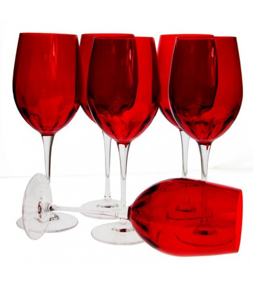 Red Colored Stemmed Wine Glasses, Set of 6