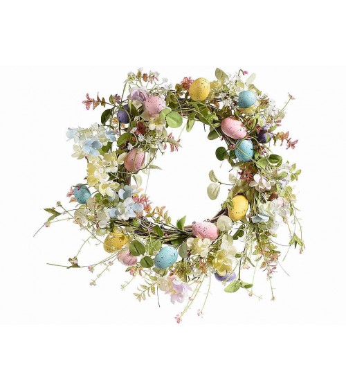 Ghirlanda di uova colorate e fiori artificiali - Decorazione Pasquale - 