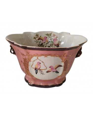 Royal Family - Pink Cachepot with birds and Bronze Handles -  - 