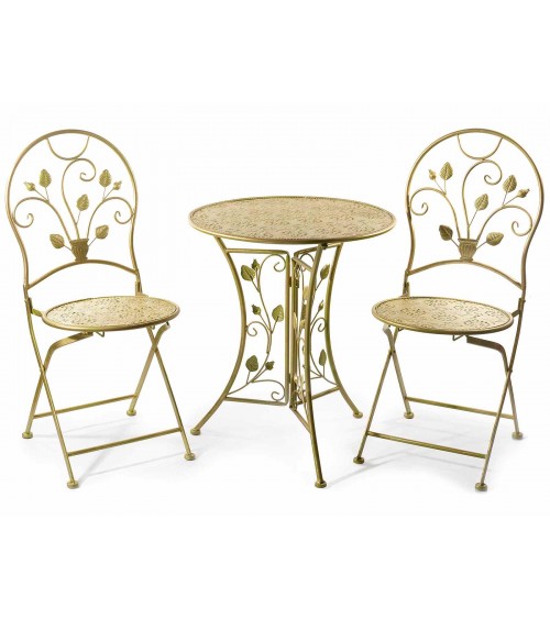 Ensemble table et 2 chaises de jardin en métal vert et doré - 