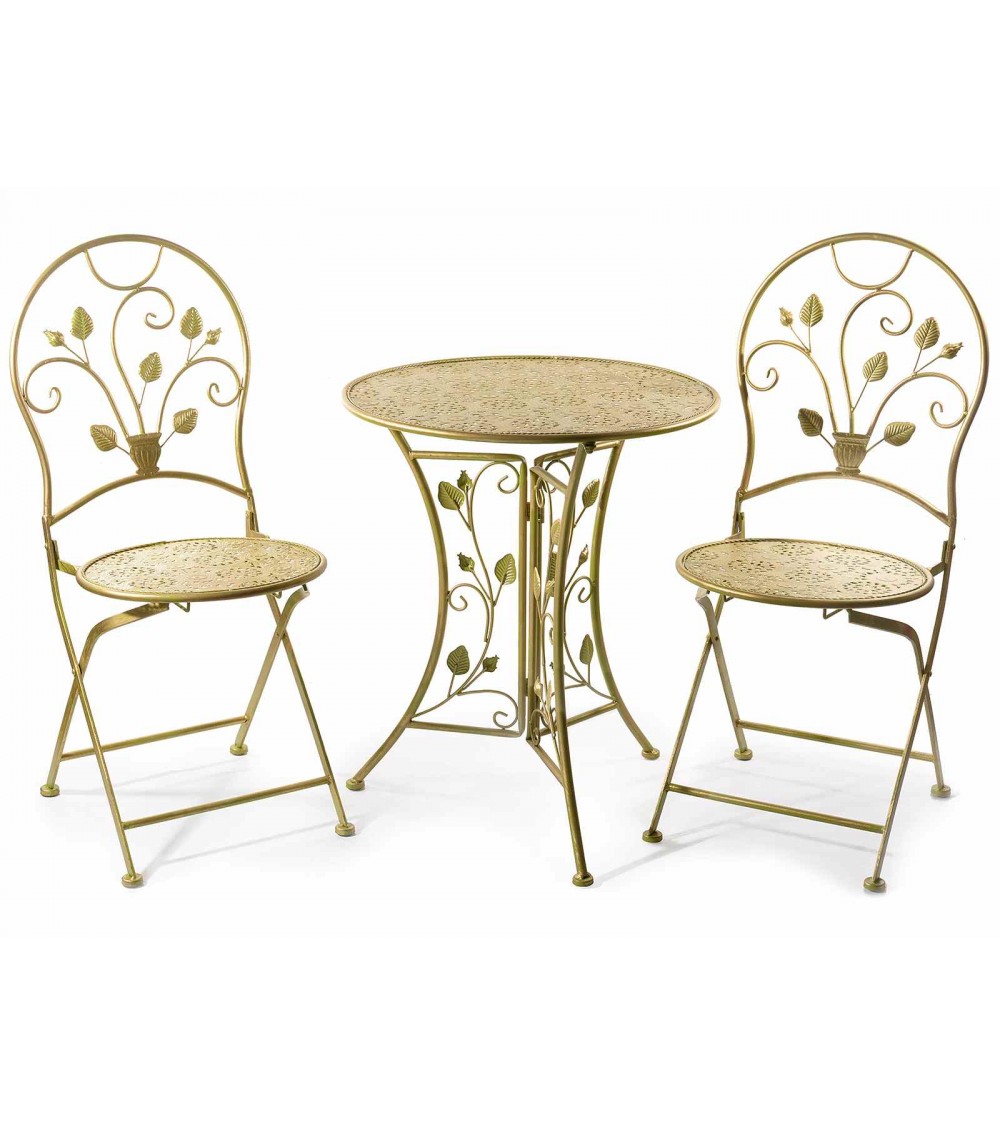 Ensemble table et 2 chaises de jardin en métal vert et doré - 