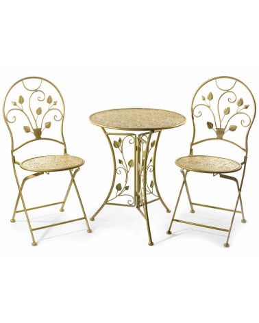Garden Table and 2 Chairs Set in Green and Gold Metal -  - 