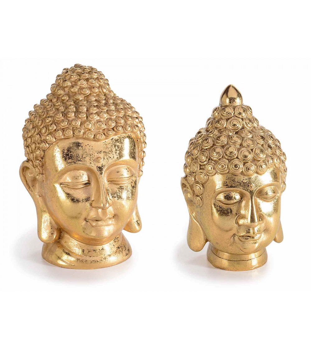Lot de 2 têtes de bouddha décoratives en résine dorée - 