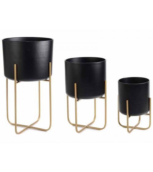 Set of 3 Black Metal Vases with Golden Support