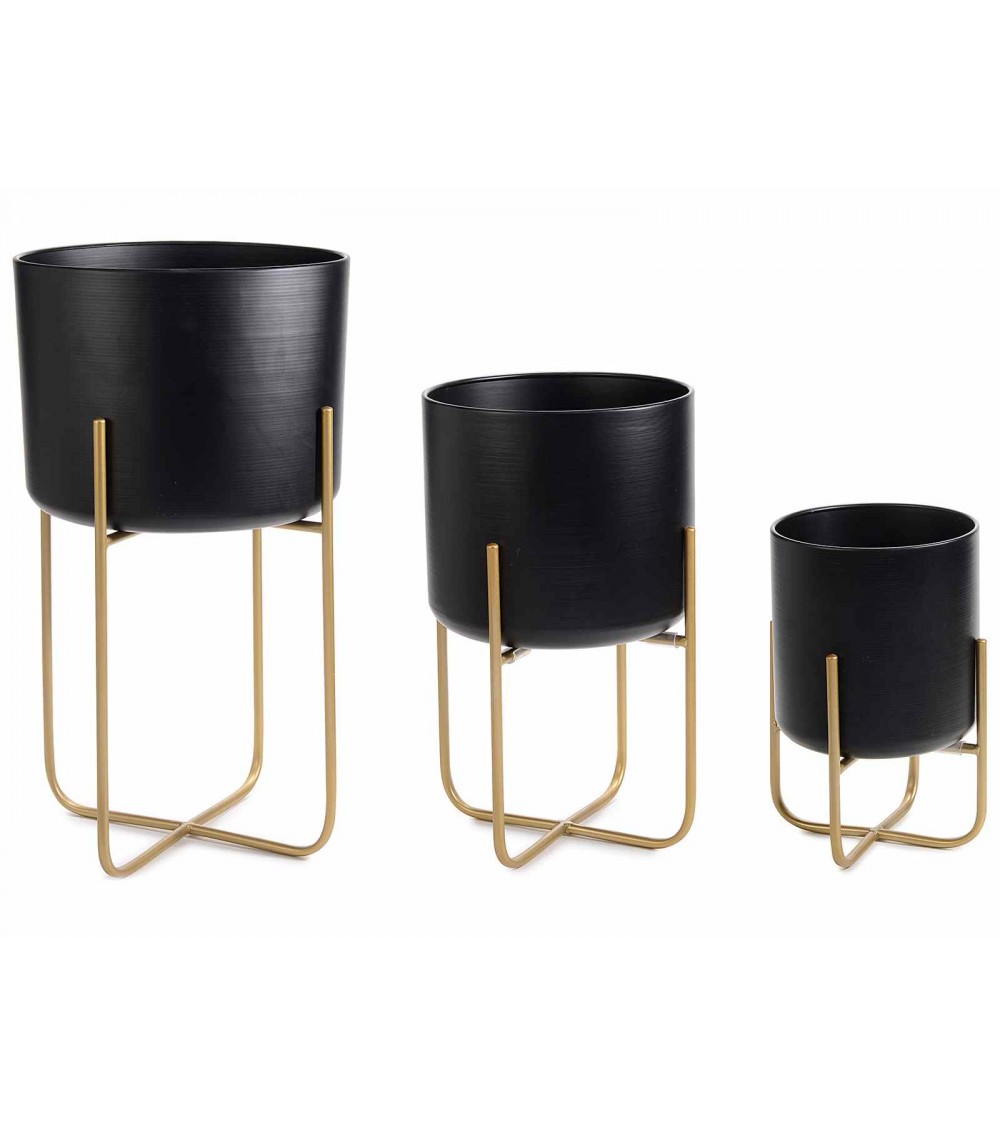 Set of 3 Black Metal Vases with Golden Support -  - 