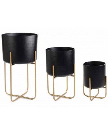 Set aus 3 Vasen aus schwarzem Metall mit goldener Halterung - 