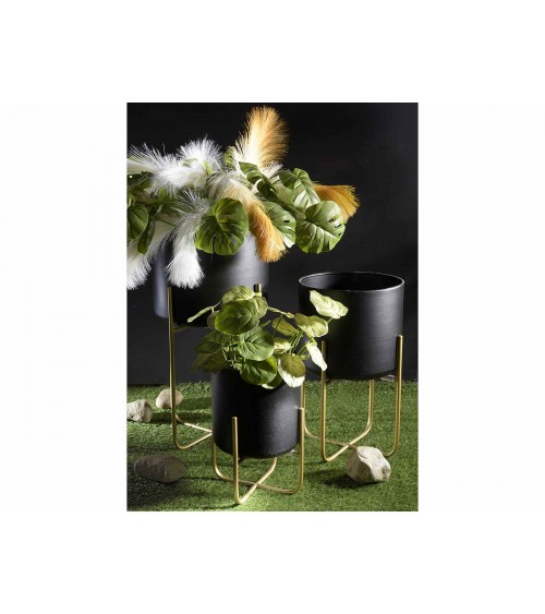 Set aus 3 Vasen aus schwarzem Metall mit goldener Halterung - 